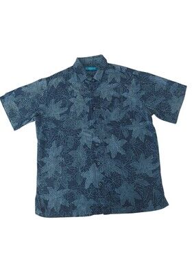 Tori Richard monochromatic blue toned botanical leaf Aloha Hawaiian Shirt